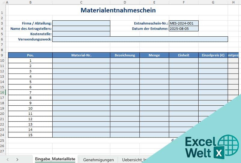 Materialentnahmeschein Vorlage