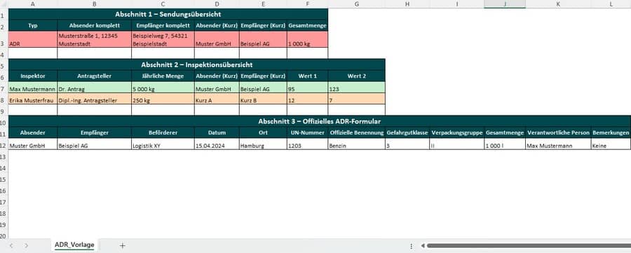 adr beförderungspapier excel