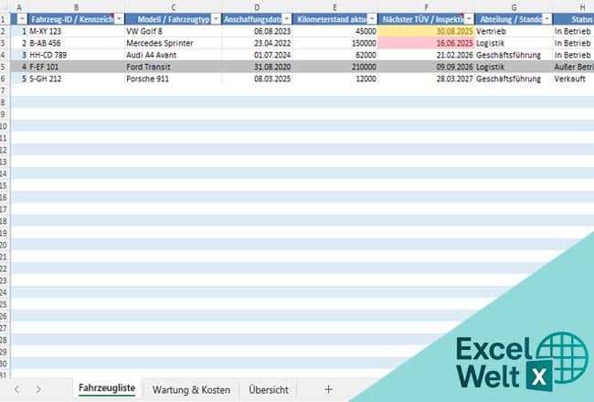 fuhrparkverwaltung excel-vorlage kostenlos