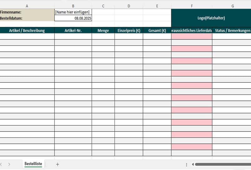 materialbestellung vorlage excel