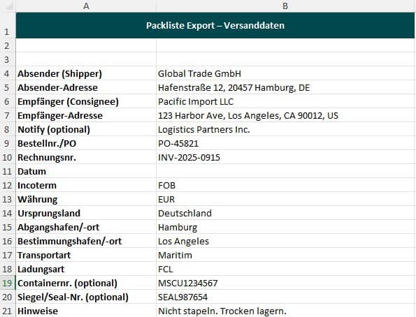 packliste excel vorlage