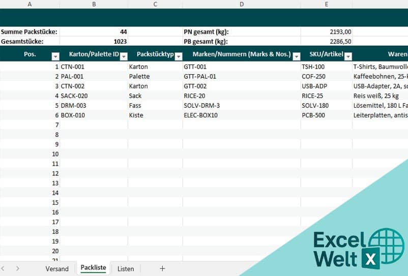 packliste excel