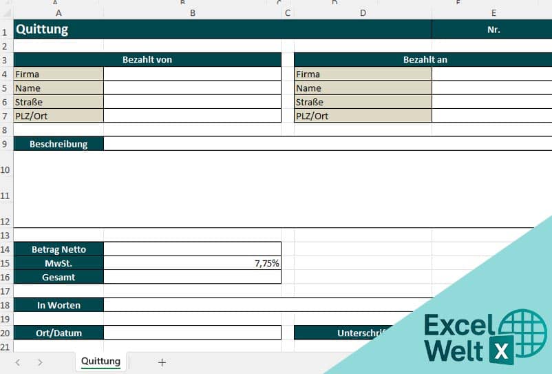 quittung vorlage excel zum ausdrucken
