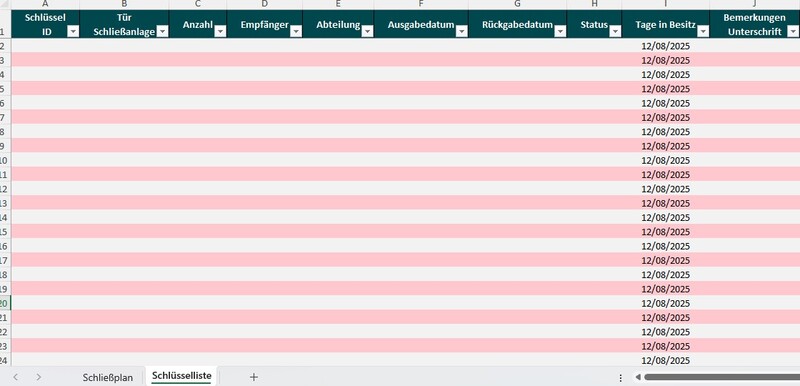 schlüsselliste vorlage excel kostenlos
