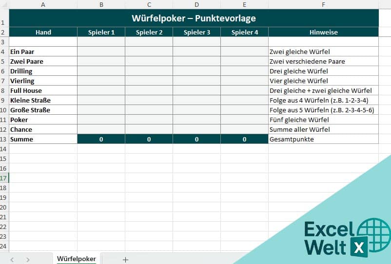 würfelpoker vorlage excel
