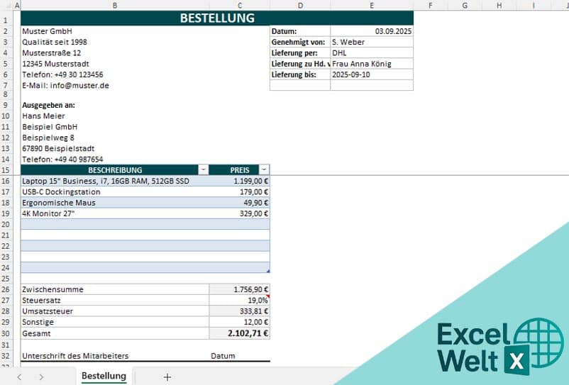 bestellformular vorlage excel