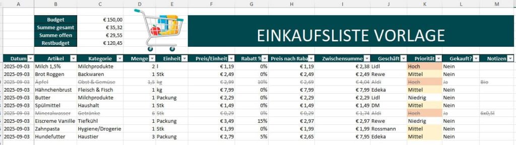 einkaufsliste excel vorlage