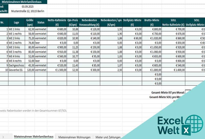 mieteinnahmen excel-vorlage kostenlos