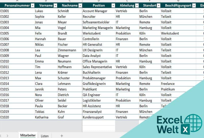 mitarbeiterliste excel-vorlage kostenlos