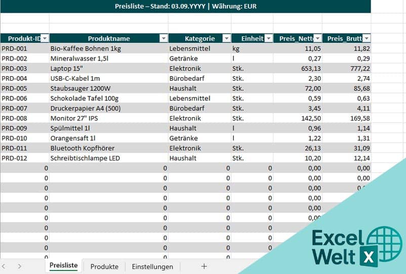 preisliste excel vorlage