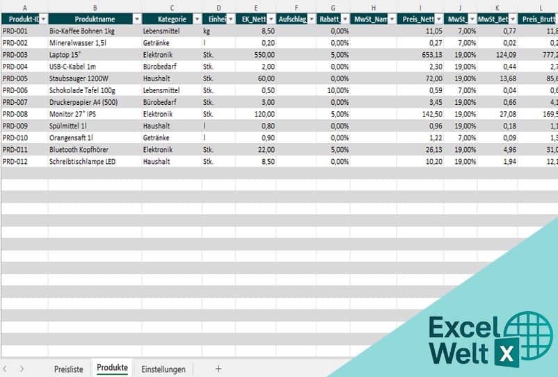 preisliste vorlage excel