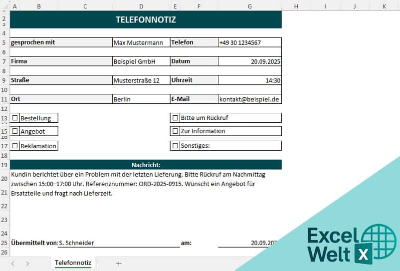 telefonnotiz vorlage excel