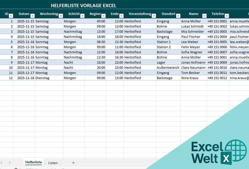 Helferliste vorlage excel