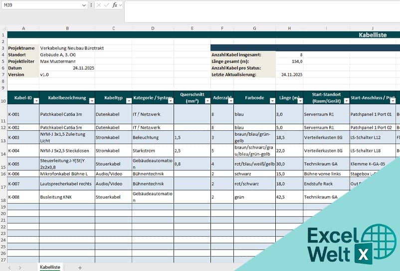 Kabelliste excel vorlage