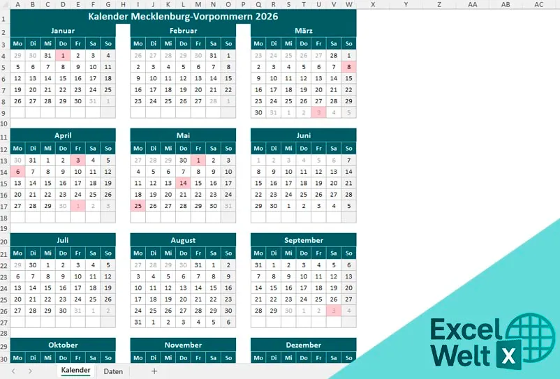 Kalender Mecklenburg-Vorpommern 2026 ferien