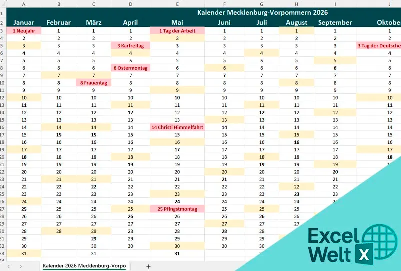 Kalender Mecklenburg-Vorpommern 2026