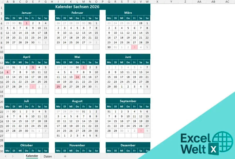 Kalender Sachsen 2026 ferien