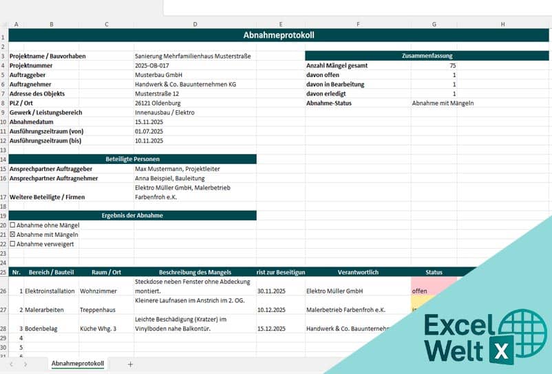 abnahmeprotokoll vorlage excel