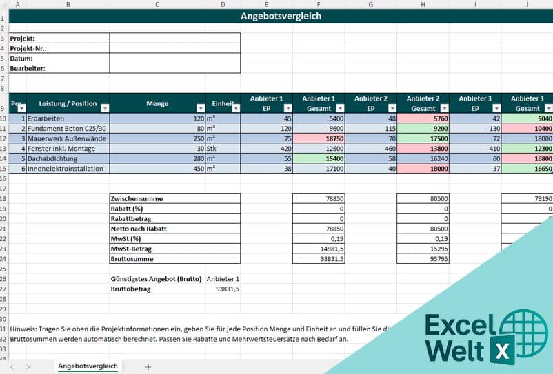 angebotsvergleich excel