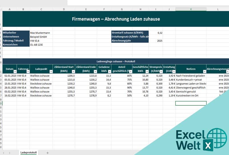 firmenwagen zuhause laden abrechnung vorlage excel