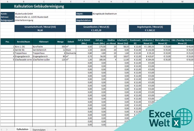 Kalkulation Gebäudereinigung excel kostenlos