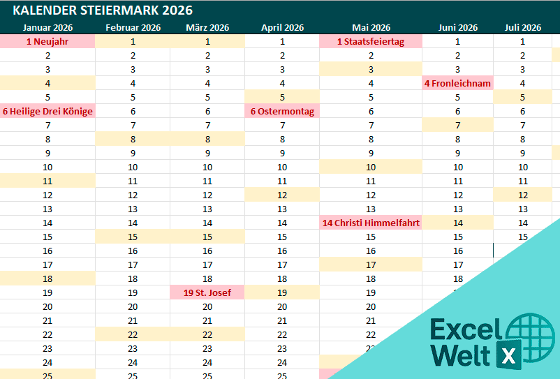 Kalender Steiermark 2026