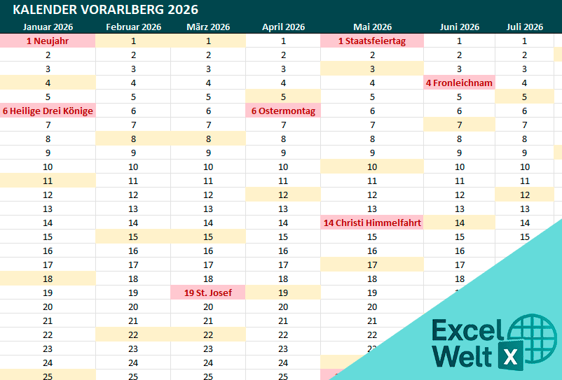 Kalender Vorarlberg 2026