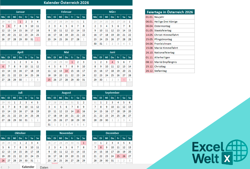 kalender Oesterreich 2026 feiertage