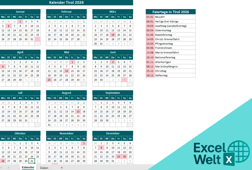 kalender tirol 2026 feiertag