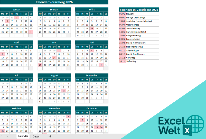 Kalender Vorarlberg 2026