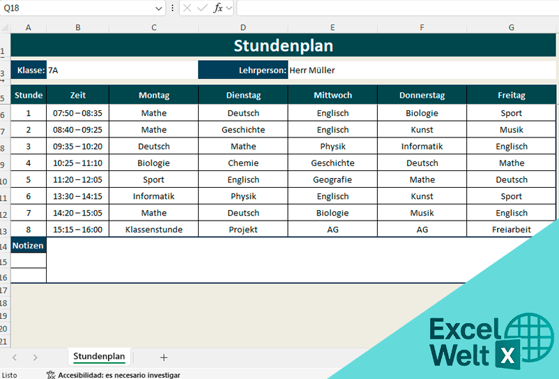 excel stundenplan vorlage