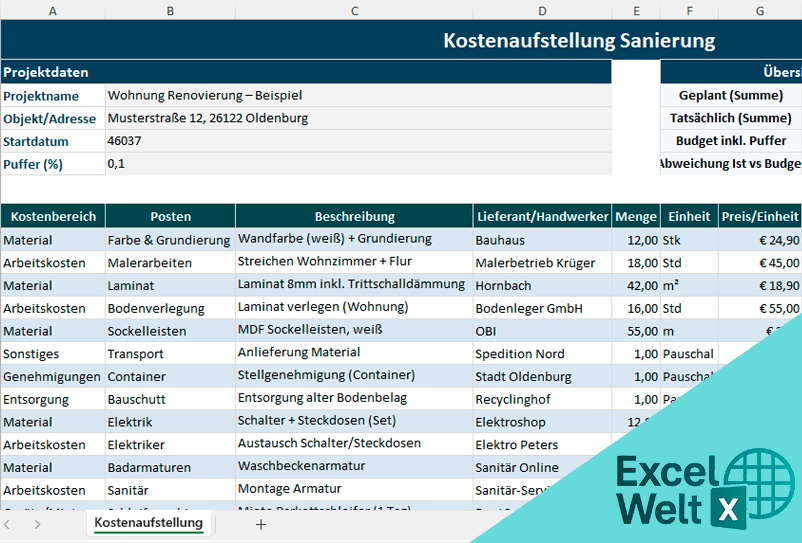 kostenaufstellung excel
