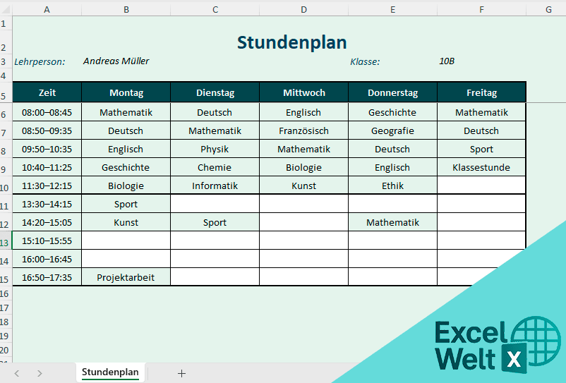 stundenplan vorlage excel