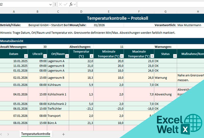 temperaturkontrolle vorlage excel kostenlos