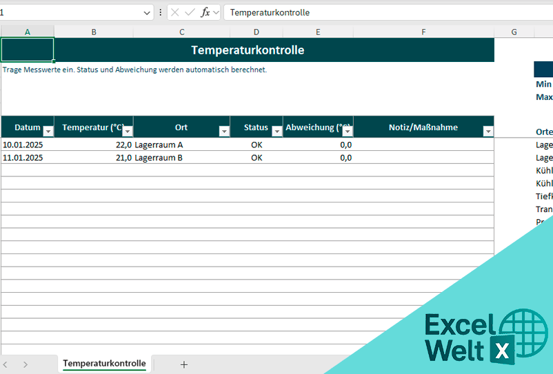 temperaturkontrolle vorlage excel