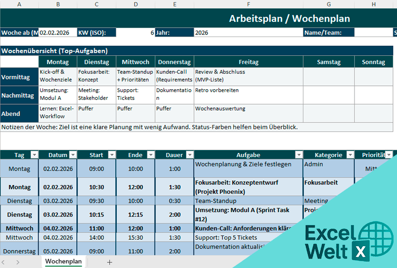 Arbeitsplan Wochenplan excel