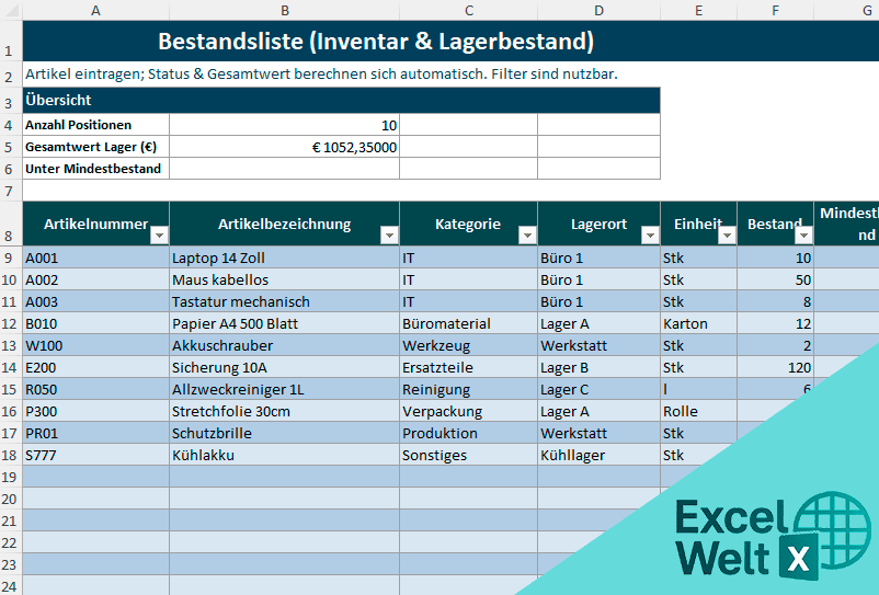 Bestandsliste Excel Vorlage