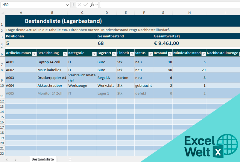 Bestandsliste Vorlage Excel