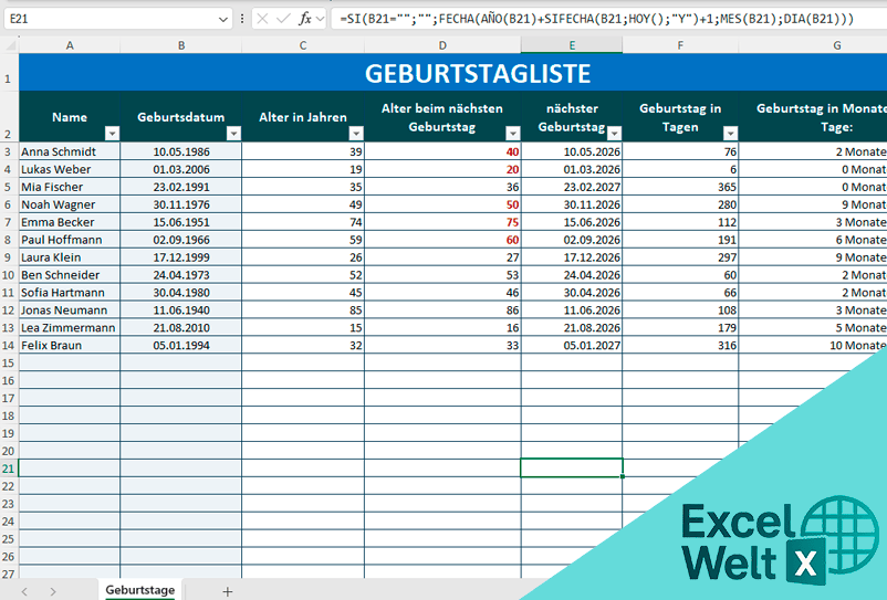 Geburtstagsliste excel vorlage