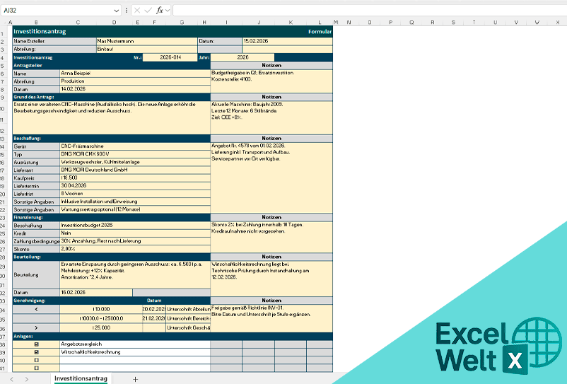 Investitionsantrag excel vorlage