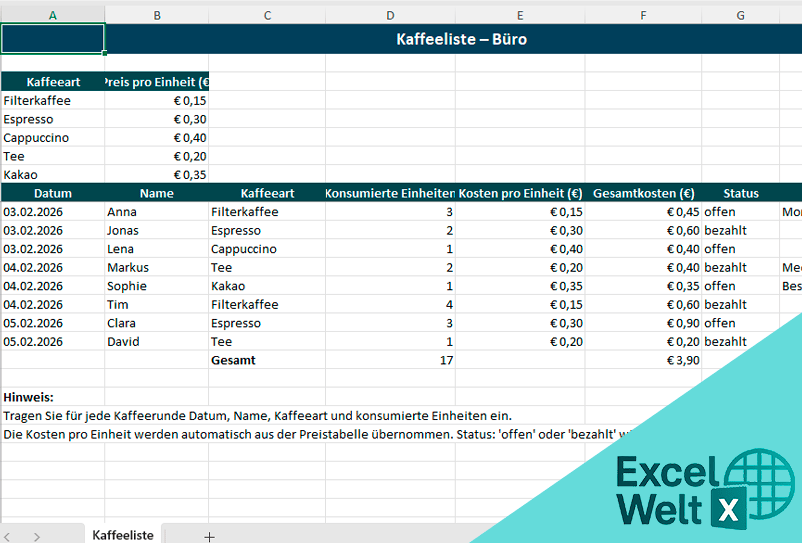 Kaffeeliste excel