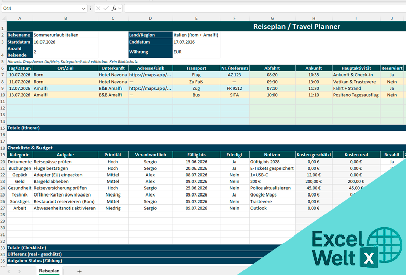 Reiseplan vorlage excel