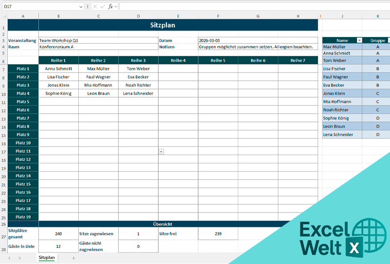 Sitzplan Vorlage excel