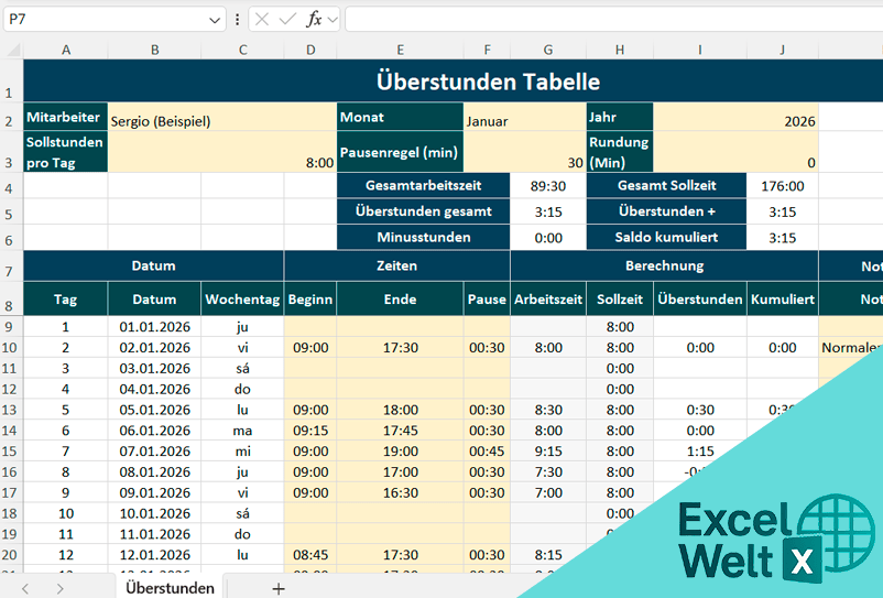 Ueberstunden Tabelle Vorlage excel