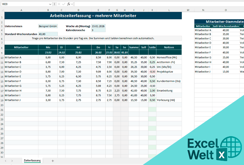 arbeitszeiterfassung excel mehrere mitarbeiter vorlage