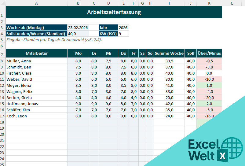 arbeitszeiterfassung excel mehrere mitarbeiter