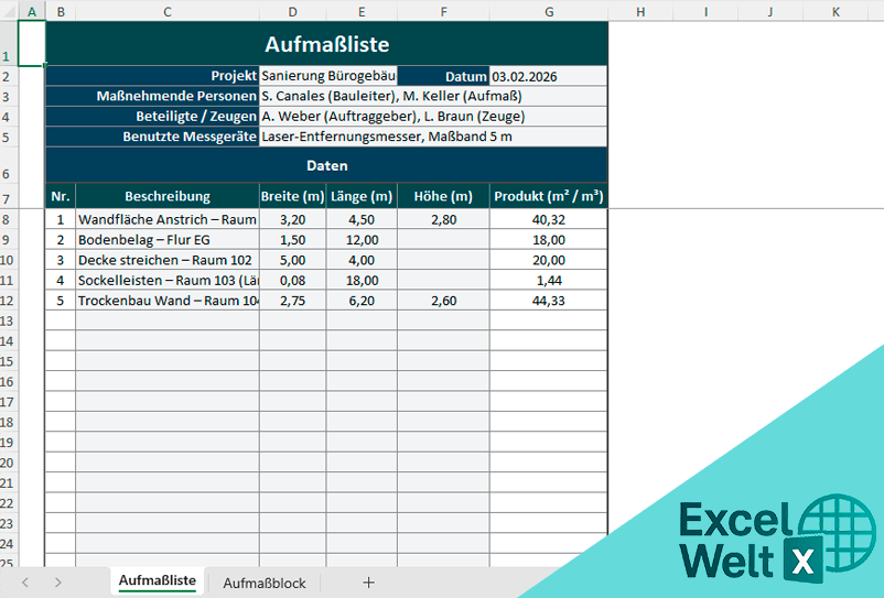 aufmass excel vorlage kostenlos