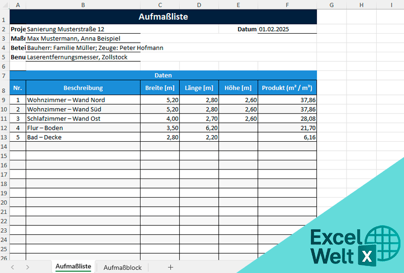 aufmass vorlage excel