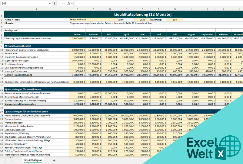 excel liquiditätsplanung vorlage