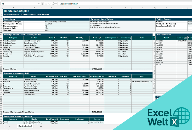 kapitalbedarfsplan excel vorlage